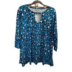 Jessica London V-Neck Pullover Rayon Top Shirt Blue Animal Print Bold Sexy 18/20